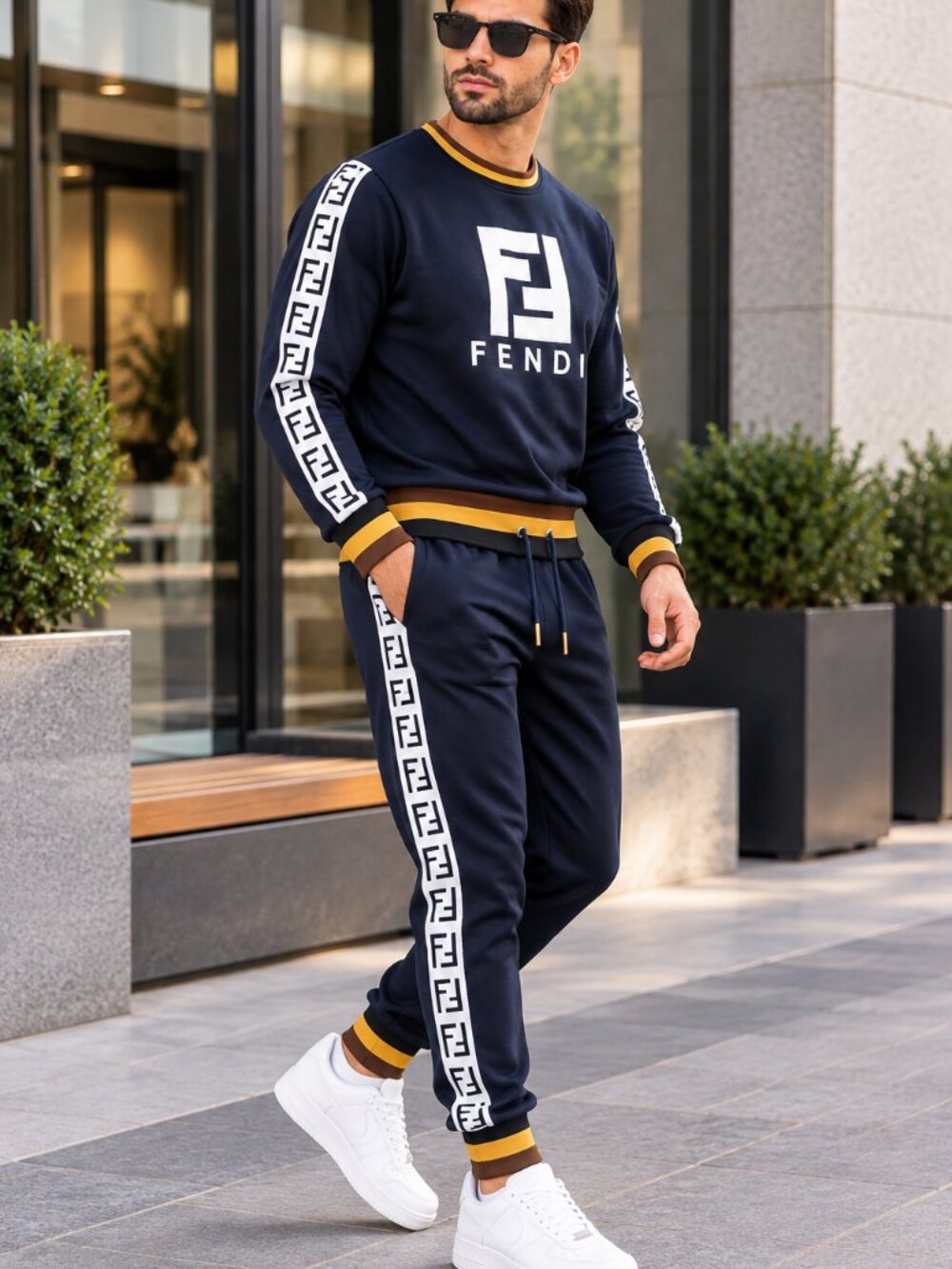 Fendi Men’s Navy Logo Tracksuit Sweatshirt & Jogger Set